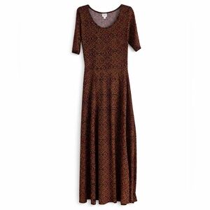 LuLaRoe Anna Maxi Dress Burgundy Gold Paisley Print Stretch Knit Size L